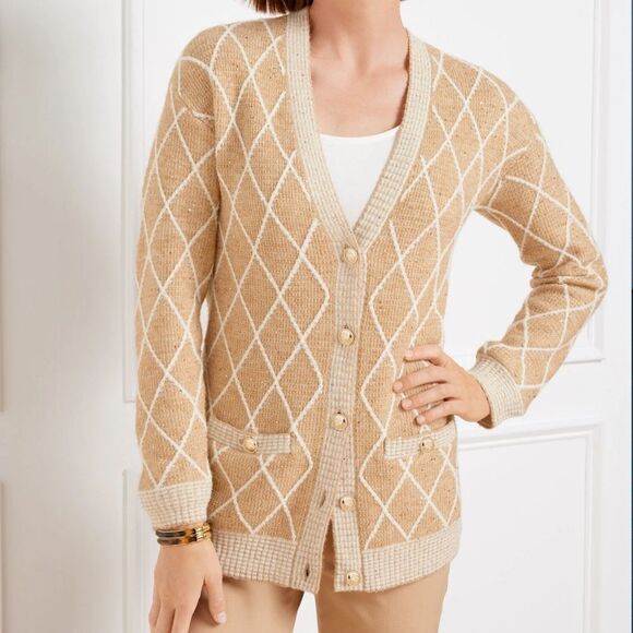 Talbots Women’s Sz Small Sequin Argyle V-Neck Gold Sparkle Wool Blend‎ Cardigan - Picture 1 of 14